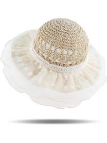 1顶蕾丝边珍珠网纱草帽，女士沙滩帽，宽檐可折叠旅行渔夫帽，春夏款 - 多色 - 查看 5