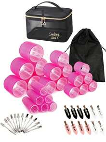 50件套自粘卷发器和发夹套装，包含24个自粘卷发器、24个鸭嘴夹、1个化妆包，美发沙龙卷发器，DIY造型 - 彩色 - 查看 2