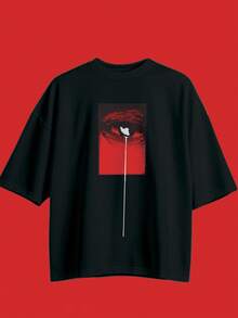 Camiseta de manga corta de cuello redondo con estampado gráfico de lágrima roja suelta de moda callejera casual de verano para hombres FRACTYR - Negro - Ver 1