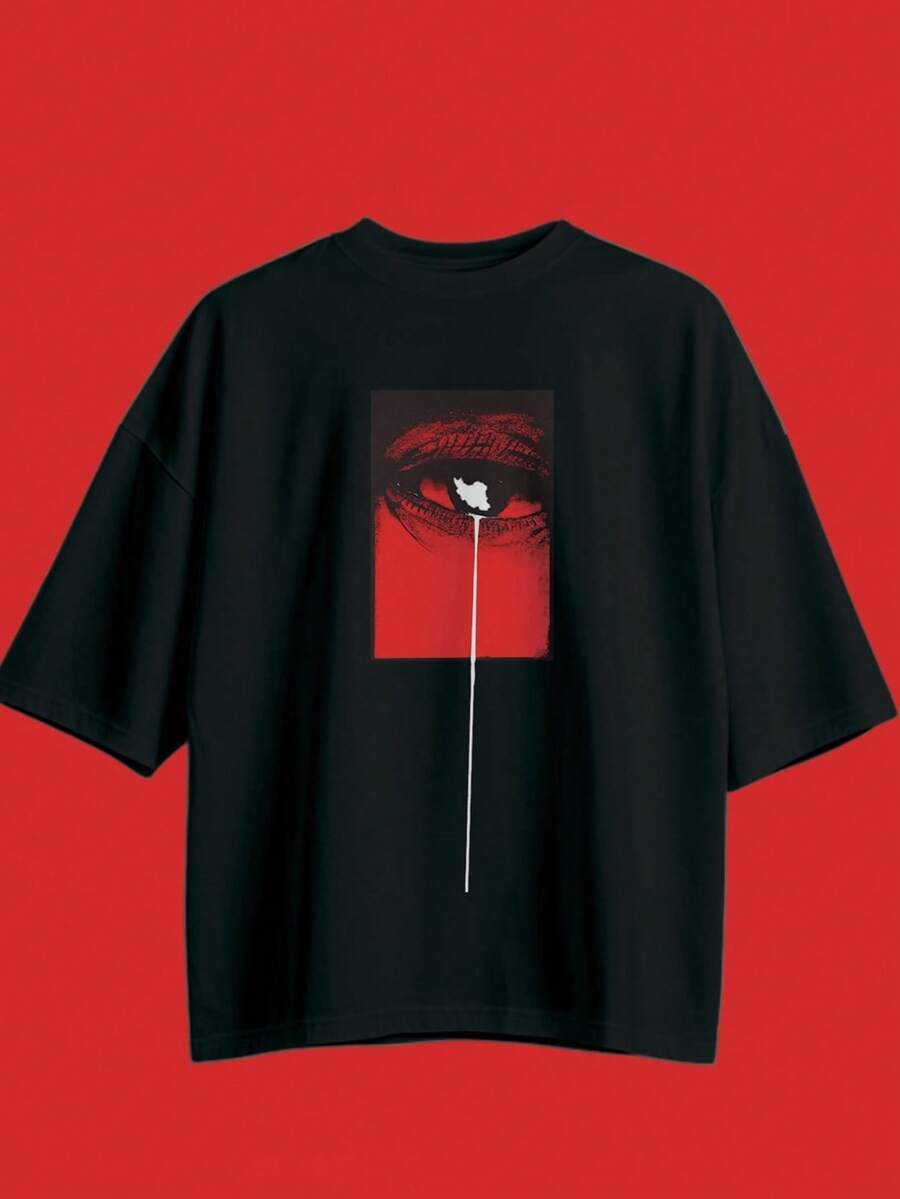Camiseta de manga corta de cuello redondo con estampado gráfico de lágrima roja suelta de moda callejera casual de verano para hombres FRACTYR - Negro - Ver 1