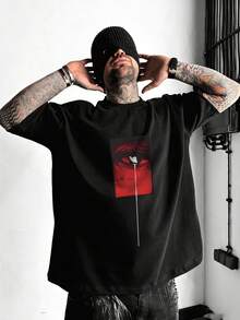 Camiseta de manga corta de cuello redondo con estampado gráfico de lágrima roja suelta de moda callejera casual de verano para hombres FRACTYR - Negro - Ver 4