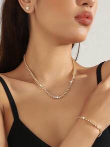 3pcs Cubic Zirconia Jewelry Set, Including Silver Stud Earrings, Tennis Bracelet, And Necklace, Bridal Wedding Party Accessories, Holiday Vacation Decor, Gift For Wife, Girlfriend, Office Lady - Gold - View 8