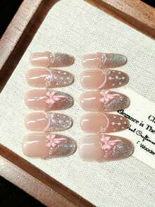 10pcs Handmade Wearable Nail Stickers, Embossed Fake Nails, French Dual-Color Design, Pink Cat Eye Effect, Pink Bow, Shiny & Fashionable, High-End Reusable, Best Gift For Girls - Pink - View 7
