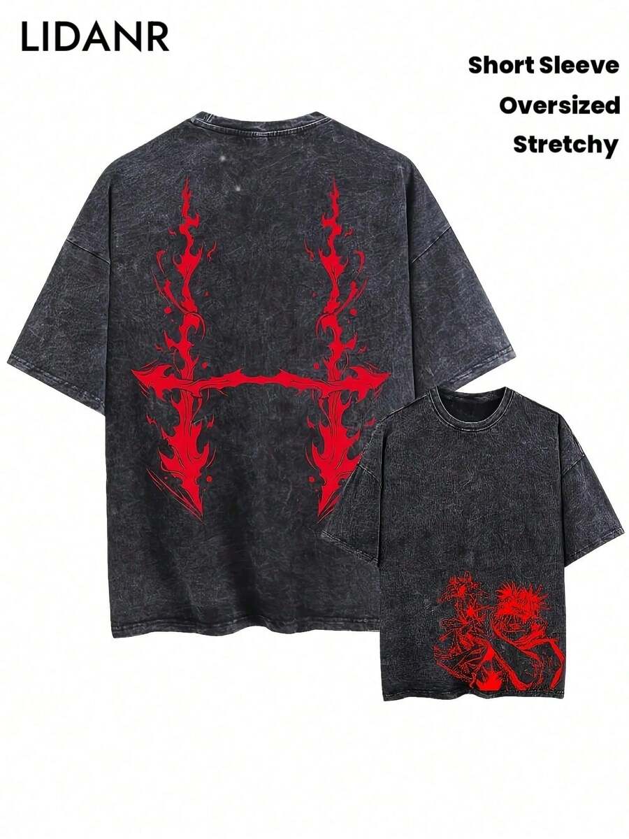 LIDANR 1PC Elegant Unisex Vintage Washed Oversized Black Tshirt Short Sleeve Tees With Red Flame Cross Dragon Choso Graphic, Crew Neck, Slight Stretch Fabric, Loose Fit, All-Season Wear Mens Clothes ShirtsHX0001 - 黑色 - 查看 1
