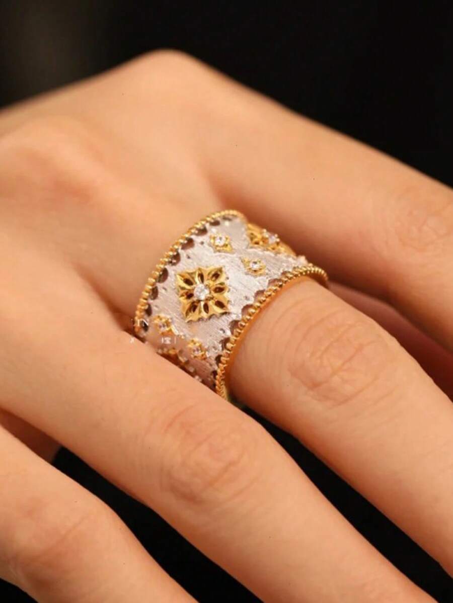 rundraw 1pc New Hollow Four-Leaf Clover Wide Version Textured Copper Alloy Zirconia Inlaid Vintage Luxury Women's Open Ring, Suitable For Evening Gala, Party, Daily Outfit Accessory, Best Gift For Friends And Lovers On Holidays And Anniversaries - Gold - View 1