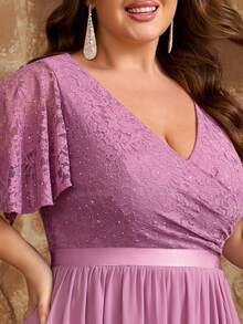 Plus Size Women's V-Neck Lace Chiffon High-Low Bridesmaid Dress, Elegant Wedding Guest Cocktail Party Dress With Shiny Ruffle Hem - Mauve Purple - View 7