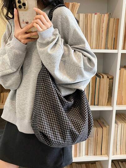 Fashionable Plaid Shoulder Bag, Large Capacity Campus Style Crossbody Bag, Student Cloth Bag, Pastoral Chic