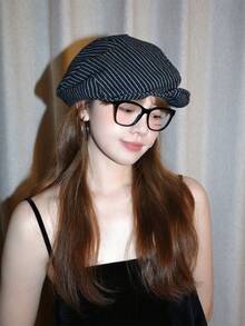 [Spring/Summer] Retro Striped Sun Hat With Japanese Literary Style, Octagonal Hat For Women, Newsboy Hat/Painter Beret With A Unique Design - Black - View 2
