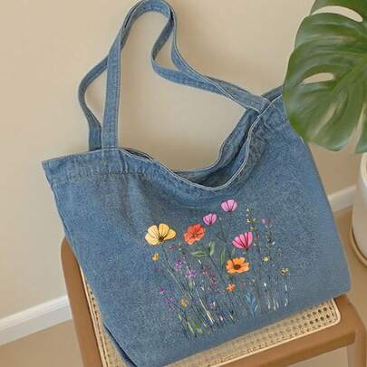 Bolso de lona de mezclilla, bolso de playa grande, bolso de mano con estampado floral, bolso de hombro de mezclilla resistente, bolso de viaje de verano, adecuado para días de playa, vacaciones, regalos del Día de la Madre, regalos de cumpleaños, uso diario, bolsa de compras