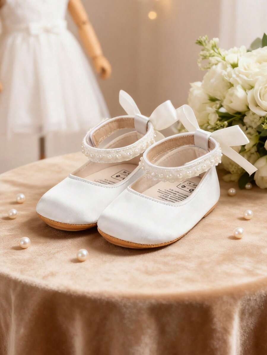 Newborn Baby Girls' Mary Jane Flats, Bow Decor, Non-Slip Soft Bottom PU Leather Infant Prewalker Shoes, Pearl Ribbon