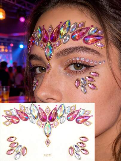 1 Sheet Face Rhinestone Stickers - Pink-Iridescent Glittering Diamonds With Gold Powder Trim, 3D Shiny Face & Eye Makeup Decor Stickers, Creative Rhinestone Accessories For Stage/Party/Music Festival Makeup, High-Value Face Makeup Highlight Patches
