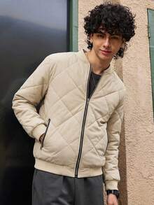 Open Phase Abrigo acolchado con patrón de diamantes y cuello de béisbol para hombres, ideal para otoño e invierno, para combinar a diario, regalo para novio/esposo - Blanco - Ver 1