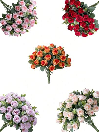 1件人造丝玫瑰花装饰，11头小玫瑰花束带茎，可DIY花瓶，适用于家居、婚礼、派对装饰