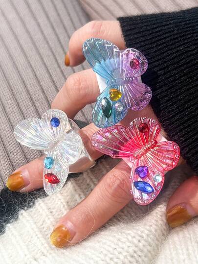 3个透明水晶蝴蝶戒指，渐变彩色树脂戒指，Y2K饰品
