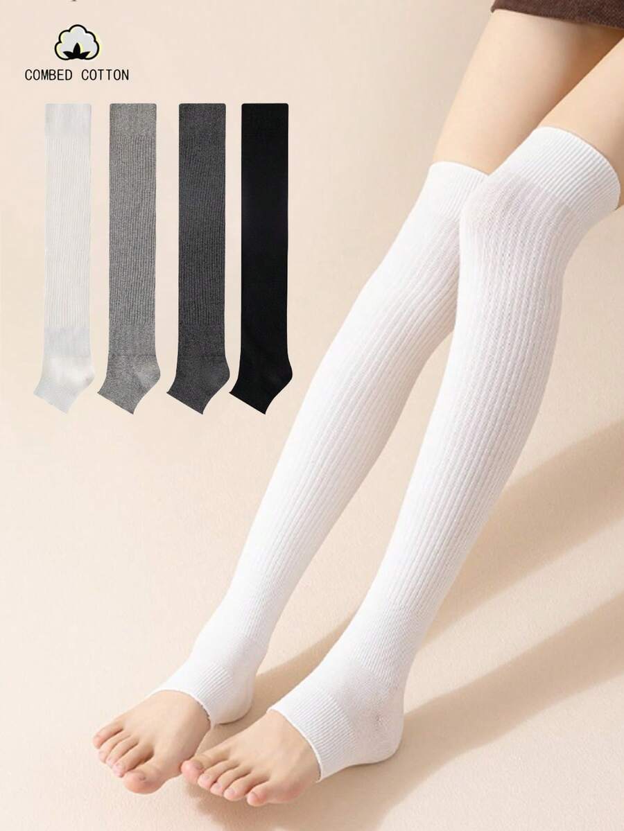 1/2/4 pares de calcetines sin pies de canalé doble sólido, calentadores de piernas de algodón peinado transpirable para primavera y otoño - Multicolor - Ver 1