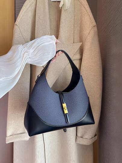 撞色新月形手提包，小众设计手提包，多功能通勤包，时尚女士单肩斜挎包