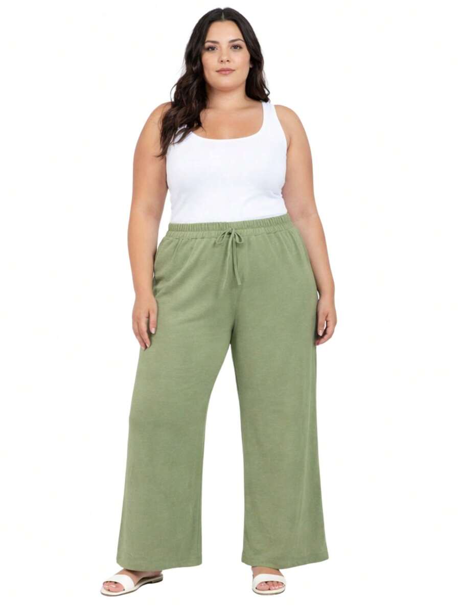 Women's Plus Size Boho Casual Wide-Leg Pants With Drawstring Pockets For Everyday Wear - Green - View 1