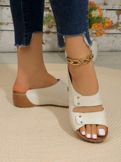 Sandalias de verano de estilo fresco y nuevo para niñas, con punta abierta y correa, zapatos de cuña de estilo trenzado, beige antideslizante, suave y transpirable, cómodo, esencial para uso diario, interior, exterior, playa, viaje, plataforma de cuña ligera y de fácil deslizamiento, sandalias casuales adecuadas para adolescentes