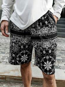 男士休闲度假沙滩腰果印花短裤 - 黑色 - 查看 1
