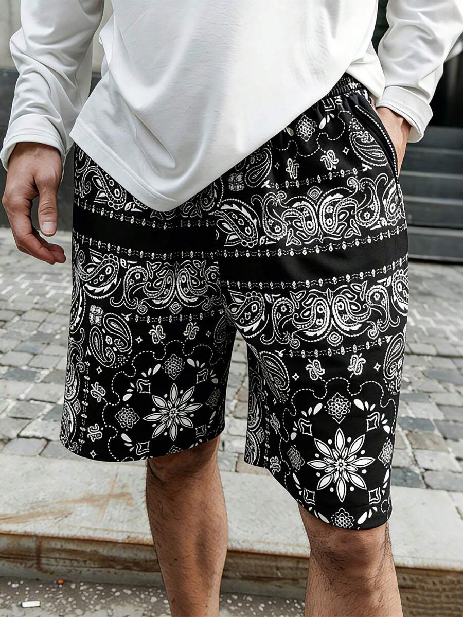 男士休闲度假沙滩腰果印花短裤 - 黑色 - 查看 1
