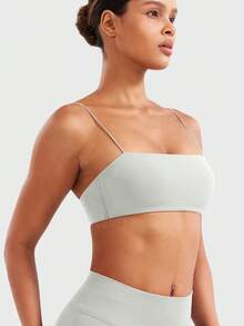 VOYJOY Women Spaghetti Strap Sports Bra Padded Low Support Seamless Impact Cami Square Neck Workout Yoga Bra Crop Top - 羽毛米 - 查看 3