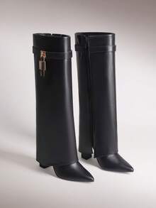 Women's High Heel Knee-High Boots Fold Over Cuff Padlock Pointed Toe Side Zipper Y2K Fashion Party Festival Tall Boots  Shoes - 黑色 - 查看 2