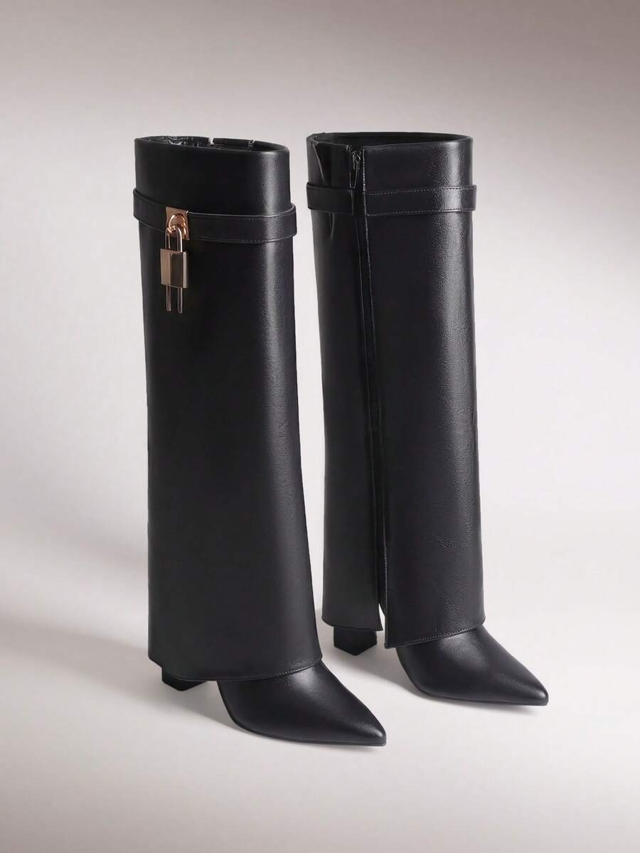 Women's High Heel Knee-High Boots Fold Over Cuff Padlock Pointed Toe Side Zipper Y2K Fashion Party Festival Tall Boots  Shoes - 黑色 - 查看 1