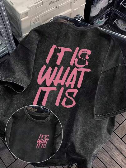 [Camiseta casual] Camiseta casual de mujer de talla grande para el verano | Estampado de letras "It Is What It Is", cuello redondo casual, diseño de doble cara, camiseta de algodón lavado de manga corta