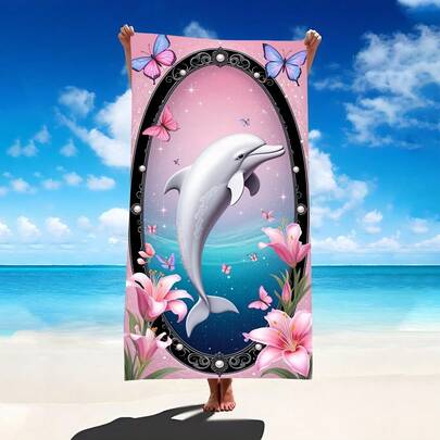 1条夏季海洋生物海豚图案沙滩巾 - 超强吸水超细纤维，轻便柔软，速干，防紫外线，舒适，适合露营、户外活动、生日派对、夏季海滩之旅