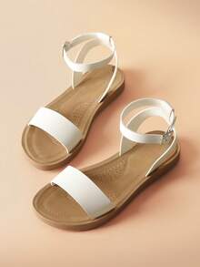 Women'S One Band Ankle Strap Buckle Comfort Flat Sandals Fashion Casual Summer Shoes - trắng - Xem 1