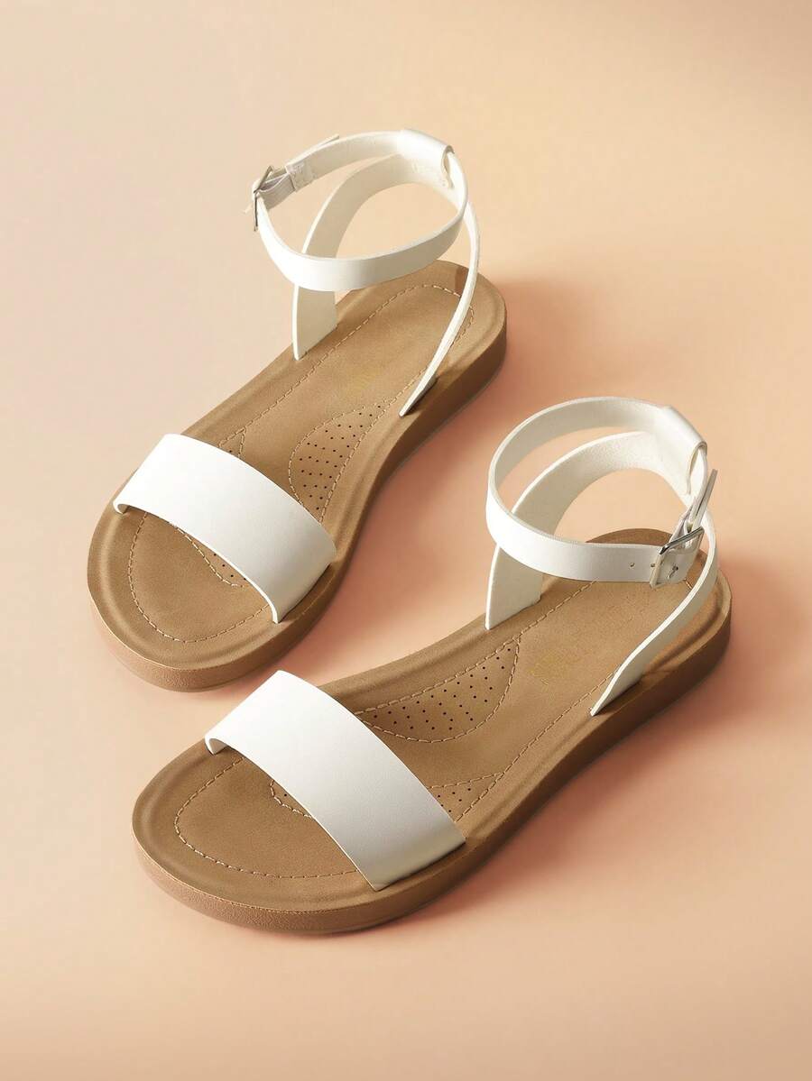 Women'S One Band Ankle Strap Buckle Comfort Flat Sandals Fashion Casual Summer Shoes - trắng - Xem 1