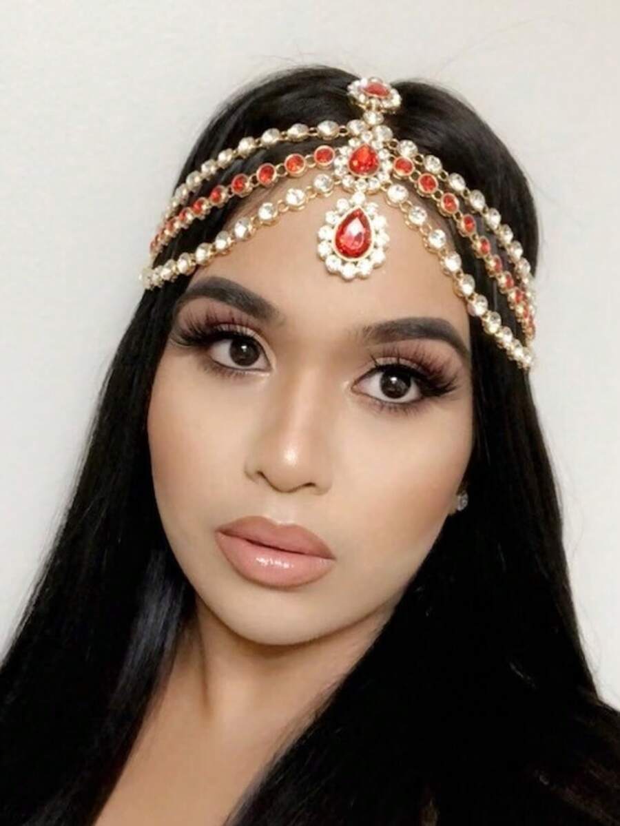 1 pièce Chaîne de tête avec pendentif en cristal brillant, coiffe de style bohème pour femmes, convient pour les mariages, les fêtes et les occasions formelles - Doré - Voir 1