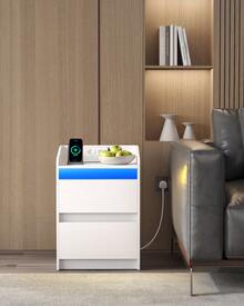 HaluPeit Mesitas de Noche con s LED, Estación de Carga y 2 Cajones, Mesa Auxiliar con Puertos USB y Enchufes de Energía, Ideal para Sala de Estar y Dormitorio - Blanco - Ver 3