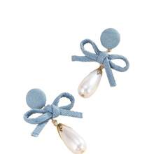 1 Pair Of Fashionable European And American Denim Earrings With Bows, Vintage Personalized Handmade Pearl Studs, Vintage Blue Denim Accessories - 淺藍色 - 查看 4