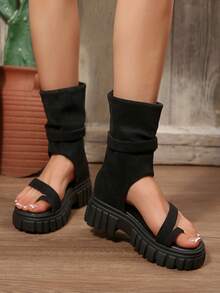 Women's High-Top Sandals, Retro High Thick-Soled Roman Boots Boots, New Fashion Open-Toe Zipper Boots - Black - View 5