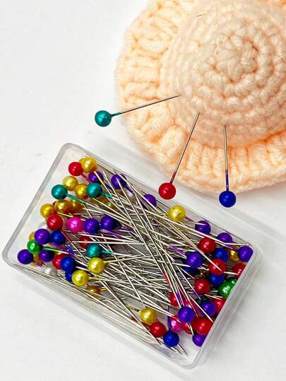 盒装100枚珍珠直针，适用于缝纫、DIY手工、定位和固定，时尚配饰设计，多种颜色可选：红色、黄色、绿色、天蓝色、黑色、粉色、紫红色、白色、彩色