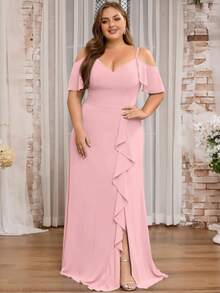 Women Plus Size Solid Color Elegant Mature Chiffon Bridesmaid Dress, Evening Party Dress For Wedding Guest, Maid Of Honor, Spring/Summer/Autumn Pink - Pink - View 5
