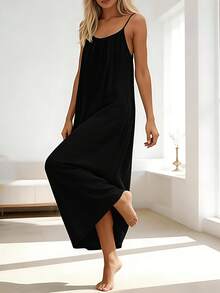 Womens Summer Casual Sleeveless Backless Cami Sundress 2026 Vacation House Dress - 黑色 - 查看 4
