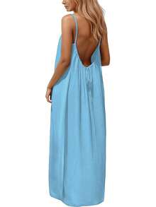 Womens Summer Casual Sleeveless Backless Cami Sundress 2026 Vacation House Dress - 淺藍色 - 查看 2