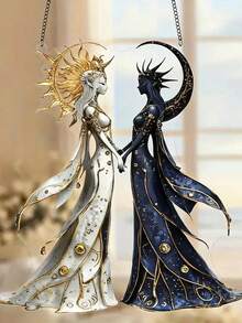 2D平面亚克力阳光捕捉器——日月女神双人像，适用于窗户、庭院及精神装饰 - 彩色 - 查看 2