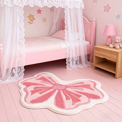 1pc Coral Pink Bow Decor Children's Room Carpet, Bedroom Decor, Small Rug, Toy Room Carpet, Home Decor, Living Room Carpet, Living Room Small Rug, Bedroom Carpet, Living Room Home Decor, Outdoor Carpet, Washable Rug