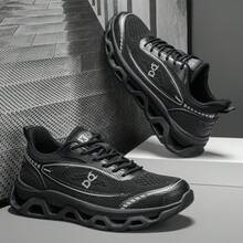 Women's Casual Sports Shoes, Black Letter & Geometric Pattern, Sports Knit Lace-Up, Lightweight Elastic Comfortable Outsole, Tennis Shoes For Vacation, Outdoor, All Seasons, Campus, Running - Black - View 8