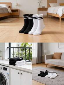 6双装经典条纹舒适透气纯色双条纹男女通用中筒袜 - 黑與白 - 查看 10