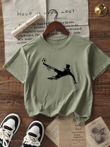 Camiseta de cuello redondo de manga corta con estampado informal para niños preadolescentes, top de verano - Verde - Ver 3