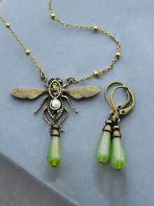 蜻蜓几何吊坠项链耳环三件套，复古金色金属天然锆石珍珠波西米亚风女士派对首饰 - 古金色 - 查看 9