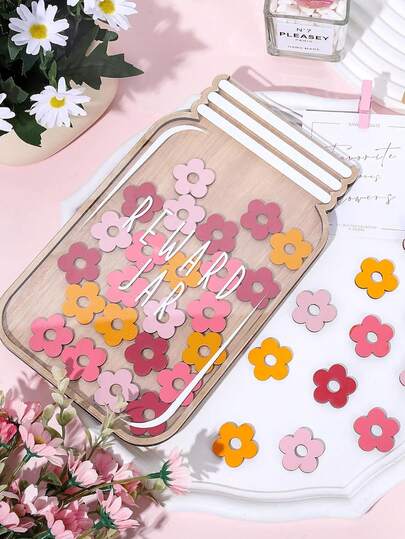 36pcs/Set Wooden Reward Jar With Star & Flower Hollow Design, Positive Reinforcement Behavior Chart, Decorative Reward System, Suitable For Teachers, Classrooms, Dining Tables, Schools, Back To School, Home Decor, Parties, Spring, Weddings, Holidays