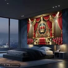 2D Flat  1 Piece Royal Stage Party Backdrop  Elegant Gold And Red Design With A Crown, Suitable Birthdays, Graduations, Father's Day, Mother's Day, Weddings  Polyester Photography Backdrop, Indoor/Outdoor Wall Tapestry - 多色 - 查看 4