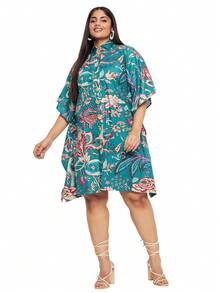 Gypsie Blu Cotton Women Plus Size Fall Short Kaftan Floral Loungewear Batwing Sleeves Dress - 青色 -1 - 查看 2