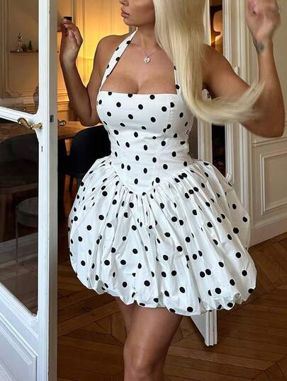 SUNSTORY Women's Summer Polka Dot Retro Casual Elegant Backless Camisole Mini Dress, Women's Bubble Skirt, Sleeveless Backless A-Line Dress, Suitable For Summer Casual Vacation, Wedding Guest, Elegant Party, Evening, Afternoon Tea, Date, Graduation Ceremony And Other Occasions
