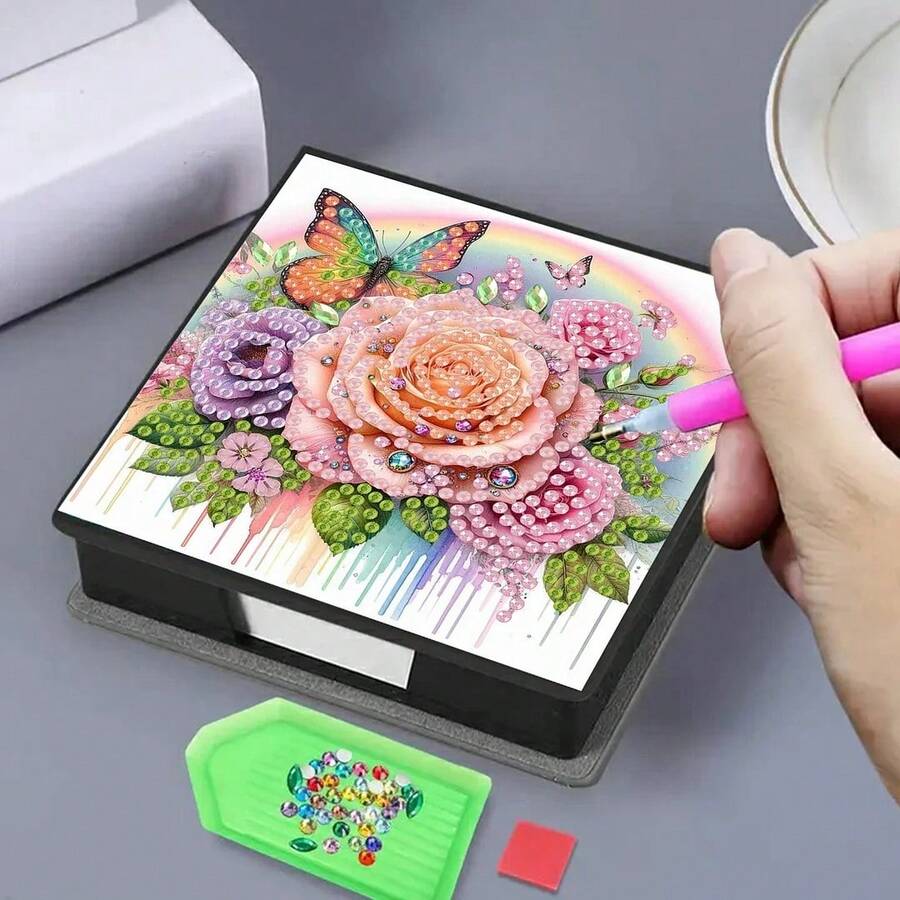 1pc DIY Diamond Art Rainbow Butterfly & Flower Pattern, Asymmetrical Shape Diamond Mosaic Painting On Black Faux Leather Self-Adhesive Memo Pad Box With 160 Sheets, Ideal For Home, Office, School Supplies, Craft, Cute Stationery, Holiday Gift - View 1